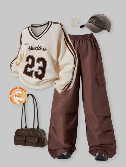 SHEIN Explorewe Tween 女童休闲卫衣套装，胸前字母印花，罗纹领，裤子两侧有口袋，适合秋冬季外出、散步、购物、通勤，可搭配夹克、外套