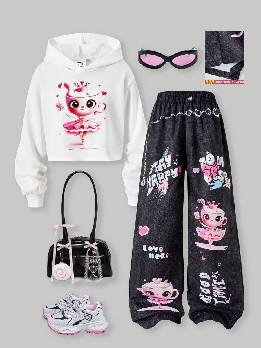 SHEIN ChillGRL Tween Girls 秋季服装休闲百搭日常涂鸦图案连帽短款卫衣 + 牛仔外观涂鸦印花宽松裤套装,常规厚度适合春秋季休闲、运动、度假 - 白色 - 查看 1