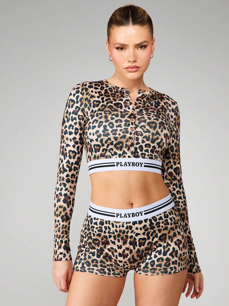 Missguided x Playboy Leopard Print Co-Ord Set Long Sleeve Button Down Crop Top High Waisted Shorts Two Piece Lounge Outfit