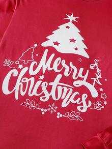 SHEIN 1 Set Merry Christmas Women's Pajamas - Red Long Sleeve Top With Decorative Christmas Tree Print, "Merry Christmas" Text In White Cursive Font, Contrasting Color Block Pants With Layered Christmas Tree & Snowflake Print. Stretchy, Breathable Knit Fabric, Machine Washable, Comfortable Fit, Easy Care. (4 Sets Sold Separately) Family Christmas Matching Pajamas Set, Fall Winter Clothes