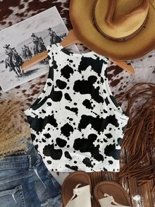 SHEIN EZwear 休闲简约圆领奶牛印花西部波西米亚风修身背心，适合夏季、度假、春假穿着