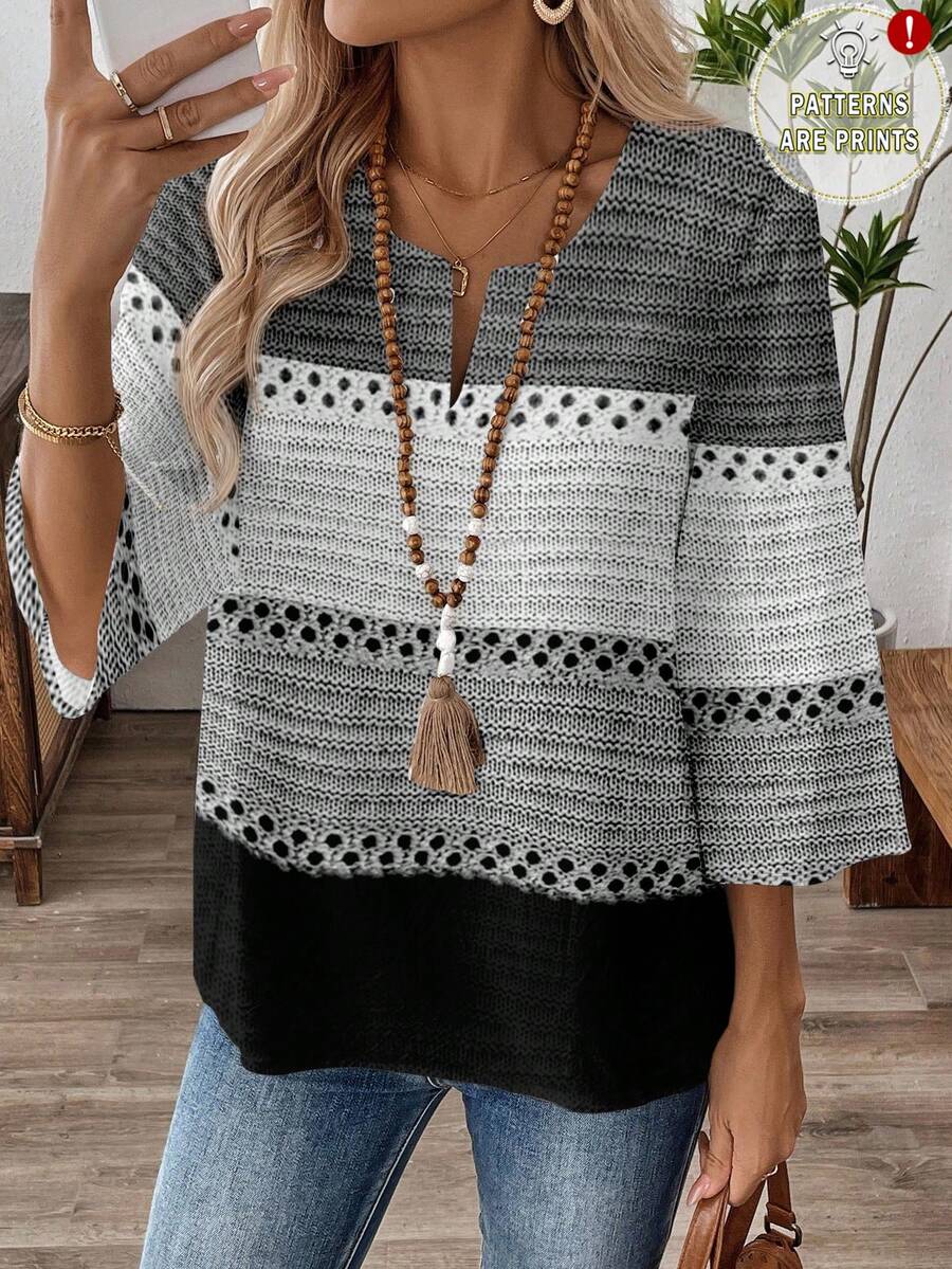 EMERY ROSE Chemise de travail décontractée et minimaliste pour le trajet quotidien, en noir et gris, avec un motif rayé texturé en fausse fourrure. Confortable et chaude, avec des manches 3/4 et un col en V ample, convenant pour le printemps et l'automne.