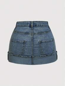 SHEIN MOD Women's Casual Versatile Denim Mini Skirt With Pockets And Rolled Hem - Blue - View 2