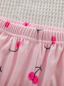 Girls'Pink Long Sleeve & Pants Pajama Set,Cute Sweet Autumn Nighties,Cozy Flannel Fabric,Cherry Embroidery & Print,Fitted Lounge Set For Everyday Wear - Pink - View 6