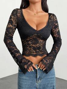 SHEIN PETITE 女士纯色V领长袖修身休闲衬衫，适合休闲度假穿着 - 黑色 - 查看 5