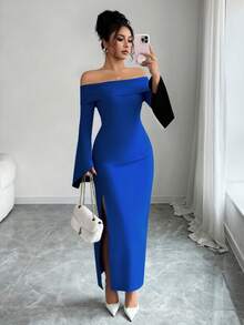 Elenzga Slit Off-Shoulder Long Sleeve Fitted Elegant Party Dress For Women, Autumn/Winter - Blue - View 4