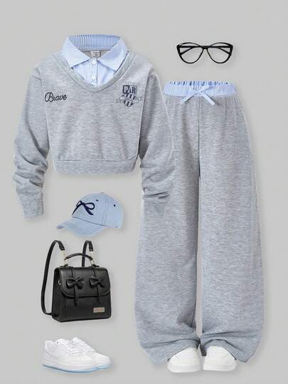 SHEIN ChillGRL 2件套秋冬少女宽松休闲拼接撞色二合一衬衫式V领短款卫衣搭配宽松休闲阔腿撞色拼接裤套装，适合日常、通勤、休闲、度假、聚会、街拍等场合。