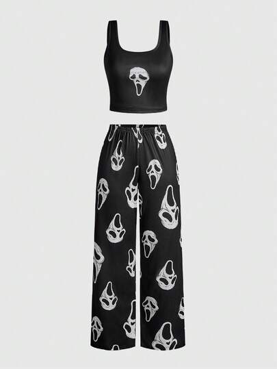 ROMWE Women's Gothic Skull Face Print Camisole And Pants Pajama Set