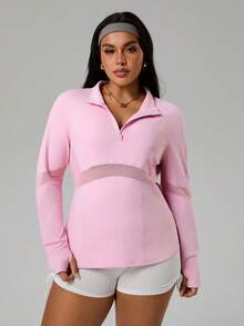 Rhythm Era Sweatshirt Sporty Lengan Panjang Warna Polos Wanita dengan Resleting Setengah di Bagian Depan - Berwarna merah muda - View 3