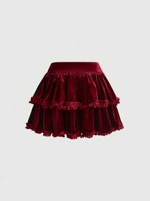 ROMWE Chân váy nhung mini họa tiết chữ thập Gothic lãng mạn cổ điển - Màu Đỏ Sâu - Xem 2