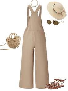 SHEIN ChillGRL Tween Girls' Bee Graphic Wide Leg Bib Jumpsuit - Khaki - View 2