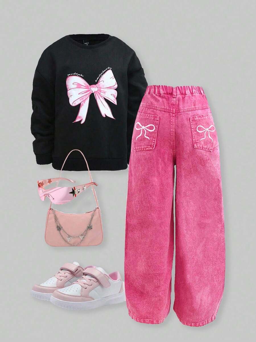 SHEIN Explorewe 2 件 Tween Girl 休闲蝴蝶结印花运动衫和刺绣直筒牛仔裤套装 - 黑色 - 查看 1