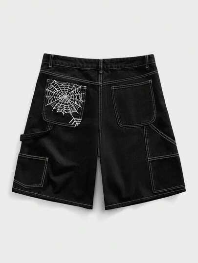 ROMWE MEN Spring/Summer Casual Graphic Men'S Loose Fit Spider Web Embroidery Pattern Denim Shorts