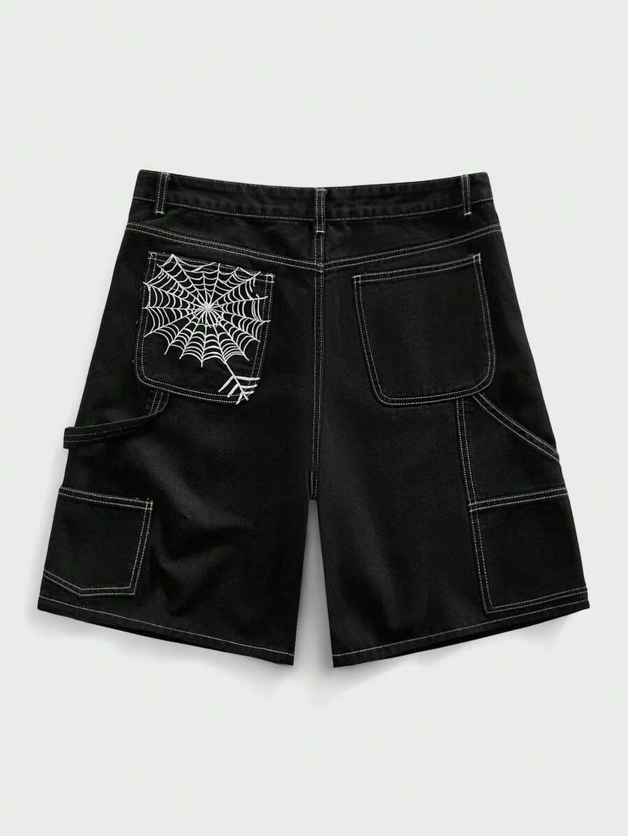 ROMWE MEN Men's Loose Fit Spider Web Embroidery Pattern Denim Shorts - Black - View 1