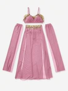 5件套亮片流苏网纱无钢圈女式泳衣 - 淺粉色 - 查看 6