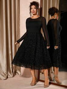 Cravure Plus Size Women Crew Neck Long Sleeve 3D Floral Mesh Hem Elegant Dress - Black - View 6