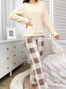 SHEIN 女士休闲毛绒长袖家居服套装，秋冬款 - 米色 - 查看 3