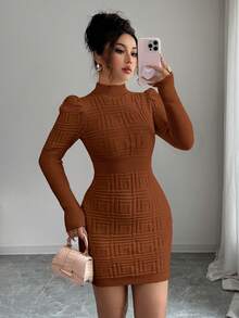 Elenzga فستان كنزة صوفية نسائي ذو رقبة عالية، أنيق وضيق الجسم، بنسيج مضلع وخصر مضلع