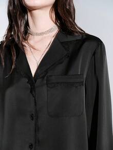 Lumivelle Women's Fashion Contrast Trim Lapel Long Sleeve Top + Casual Elastic Waist Contrast Trim Wide Leg Pants 2 Pieces Set Satin Shirt Black Blouses Lace Trim Pajama Style - Black - View 1