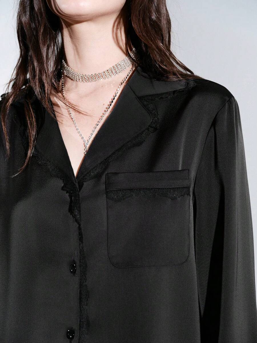 Lumivelle Women's Fashion Contrast Trim Lapel Long Sleeve Top + Casual Elastic Waist Contrast Trim Wide Leg Pants 2 Pieces Set Satin Shirt Black Blouses Lace Trim Pajama Style - Black - View 1