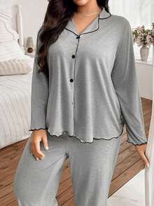 SHEIN Doze Lane 大码女式浅灰色荷叶边经典宽松翻领开襟针织面料休闲长袖上衣和裤子睡衣套装，冬季服装 - 淺灰色 - 查看 6
