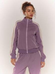 MUSERA 高领撞色条纹包边拉链夹克运动上衣（仅上衣）可爱秋季休闲工作街头风运动职业装商务休闲优雅春夏 - 紫色 - 查看 5