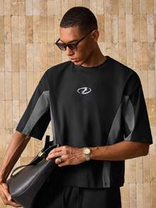 AXEPEAK Camiseta T de Malha Casual Solta de Manga Curta com Retalhos para Homens, Uso Diário, Pronta para Uso Streetwear - Multicolorido - Visão 5
