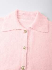 SHEIN LUNE 女士纯色简约纽扣装饰长袖针织毛衣 - 淺粉色 - 查看 3