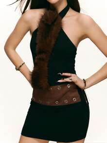 Rina Fox Women's Patchwork Furry Contrast Color Halter Mini Dress - Black - View 4