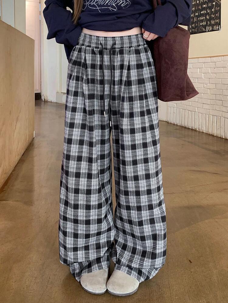 Women's Drawstring Waist Wide Leg Loose Casual Plaid Pants, Autumn/Winter