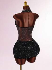 Amplova Halter Neck Sleeveless Rhinestone Decor Cinched Waist Sheer Ruched Sexy Party Mini Dress Sexy Dress For Club Rhinestone Dress - Black - View 8
