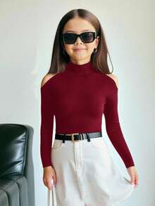 Firerie Kids Firerie Kids Tween Girls' Casual Solid Color Hollow Out Long Sleeve Snug Fit T-Shirt, Spring & Autumn - Burgundy - View 1