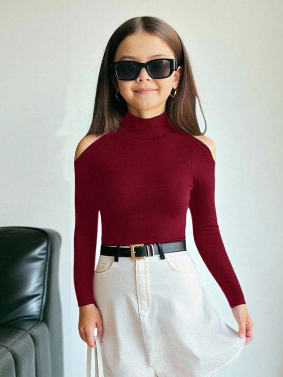 Firerie Kids Firerie Kids Tween Girls' Casual Solid Color Hollow Out Long Sleeve Snug Fit T-Shirt, Spring & Autumn - Burgundy - View 1