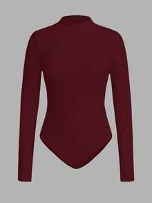 SHEIN EZwear 多色针织女式立领长袖休闲连体衣 - 酒紅色 - 查看 6