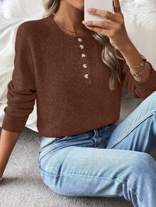 EMERY ROSE Women's New Solid Color Sweater, Half-Zip Button Knit Pullover Top, Winter Brown Sweater Brown Long Sleeve Top Coffee Brown Top Brown Tops For Women Rust Brown Top