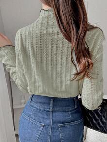 FRIFUL 女士休闲纹理荷叶边下摆长袖T恤，秋季款 - 淺藍色 - 查看 6