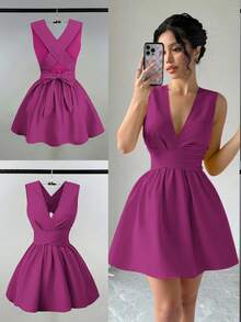 Franclia 女士浪漫优雅性感婚礼宾客纯色交叉 V 领无袖 A 字迷你连衣裙，演唱会服装百搭设计，适合海滩、派对、春夏口袋晚礼服露背奶油黄短裙 - 紫色 - 查看 8