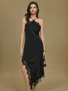 Poéselle Đầm cổ yếm ren tương phản viền bất đối xứng thanh lịch dành cho nữ - màu đen - Xem 1