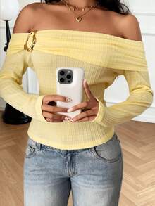 Zavorell 女士性感优雅浅黄色船领露肩修身衬衫，优雅时尚的春秋季上衣，适合日常穿着/上学/度假/派对/毕业典礼/婚礼等场合，冬季圣诞节新年感恩节皆宜。 - 淡黃色 - 查看 6