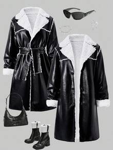 SHEIN ChillGRL 1pc Girls Plus Faux Fur Loose Long Fashionable Jacket, Suitable For Daily Commute, Autumn/Winter