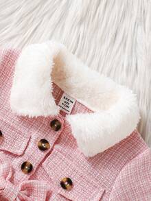 Souflis Souflis Vestido de niña bebé a cuadros con parches, cuello de piel sintética y decoración de lazo, adecuado para uso casual, de fiesta y diario - Rosa - Ver 5