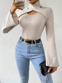 Lumivelle Autumn Fashion Solid Color Stand Collar Criss-Cross Hollow Out Flare Sleeve T-Shirt - Apricot - View 4