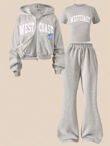 SHEIN Explorewe 3 件套女童休闲运动服，白色字母印花，蓝色卡通图案，蓝色罗纹，2 个口袋，适合上学、郊游、散步、旅行 - 灰色 - 查看 8