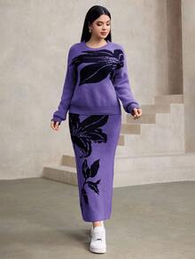 Modelyn Women's Floral Jacquard Drop Shoulder Long Sleeve Sweater And Knit Midi Skirt 2-Piece Set, Fashionable For Autumn/Winter - Purple - View 3