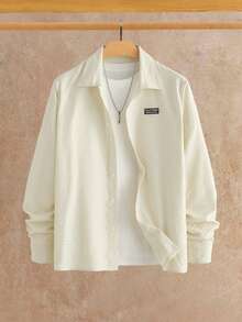 Manfinity NXTstreet Áo sơ mi nam dáng rộng, đa năng, chất liệu in chữ, màu kem thu đông, áo sơ mi nam dài tay màu kem. - Màu be - Xem 8