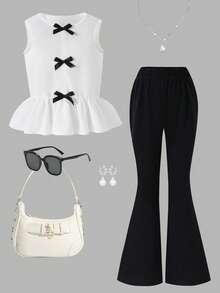 女童3D蝴蝶结无袖上衣和锥形裤两件套，春夏优雅休闲装 - 黑色 - 查看 5