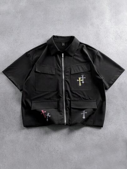 PAVTROS Men's Casual Cross Print Cargo Shirt, Summermen's Streetwear,Baggy.Brand,I Love My Boyfriend,Graphic,Multi-Pocket Practical Decorative Multi-Color Patterned Lapel Zip-Up Shirt