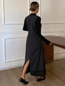 DAZY Women's Solid Color Fitted V-Neck Dress With Ruffle Hem, Elegant & Formal, Autumn/Winter Maxi Dress - Grey - View 2