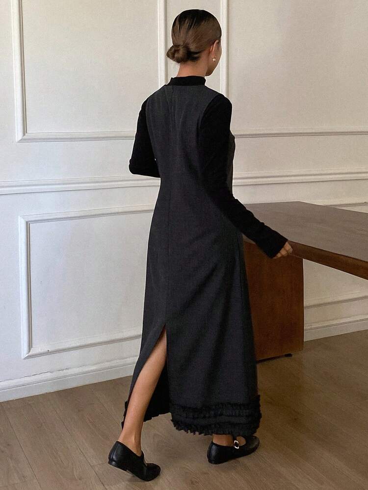Women's Solid Color Fitted V-Neck Dress With Ruffle Hem, Elegant & Formal, Autumn/Winter Maxi Dress