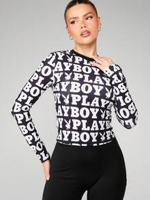 Missguided x Playboy 女士长袖圆领套头衫，通体印花Logo，修身休闲家居服，秋冬款 - 黑與白 - 查看 4